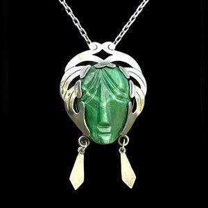 Vintage Taxco sterling silver and malachite warrior face mask pendant
